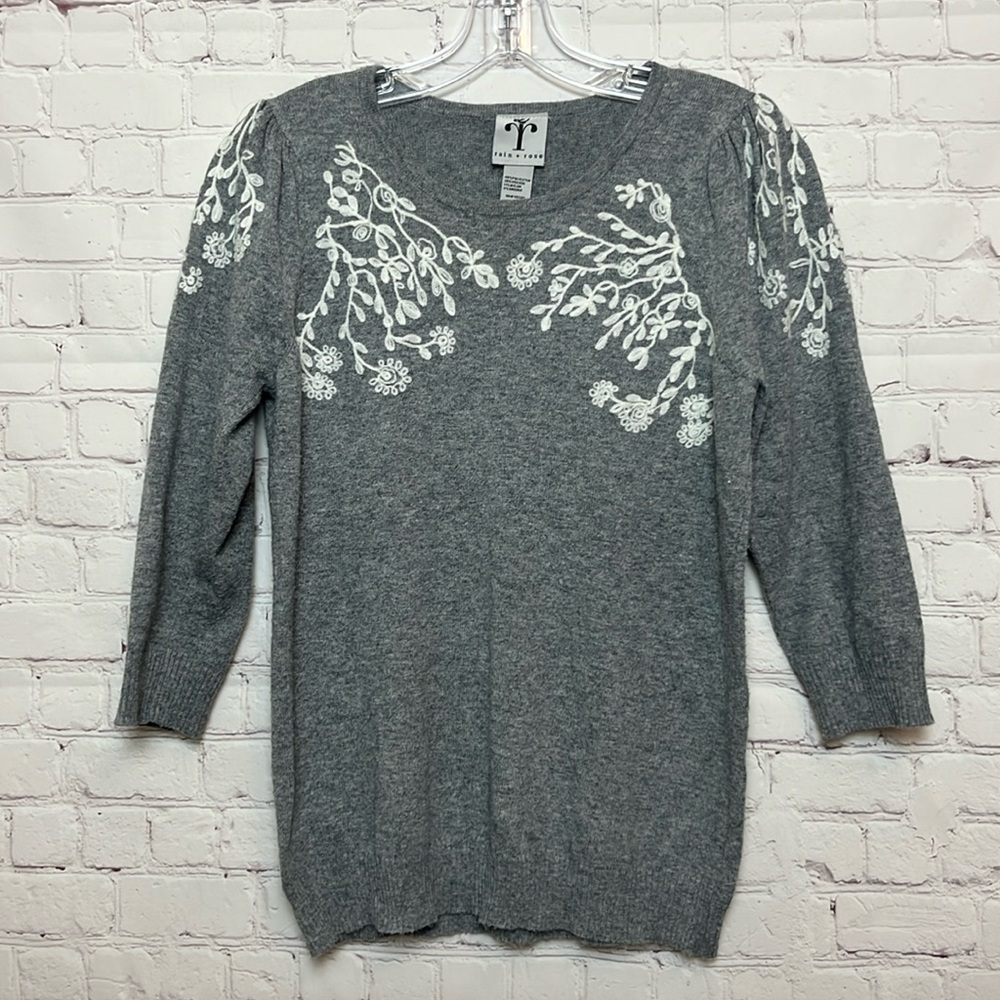 Rain + Rose Grey Sweater with Floral Embroidery
